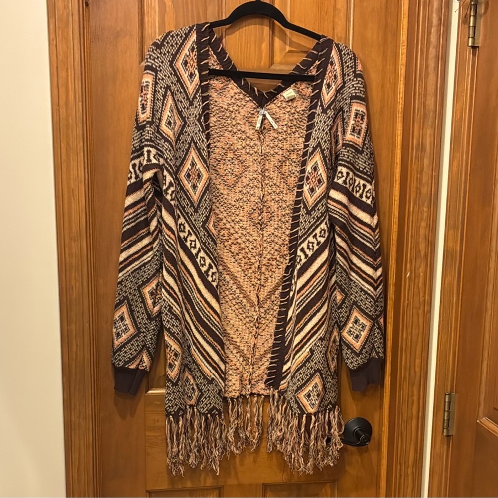 BKE Brown boho goth Tan loose Cardigan Sweater western Patterns fringe ☀️